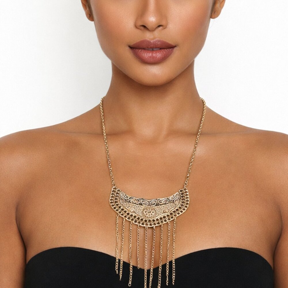 Boho Gold Filigree Crescent Fringe Statement Necklace
